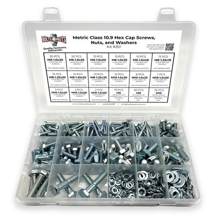 Boltsandnuts.Com Metric Class 10.9 Hex Cap Screws, Hex Nuts, Flat & Lock Washers - 341 PCS Assortment Kit #351